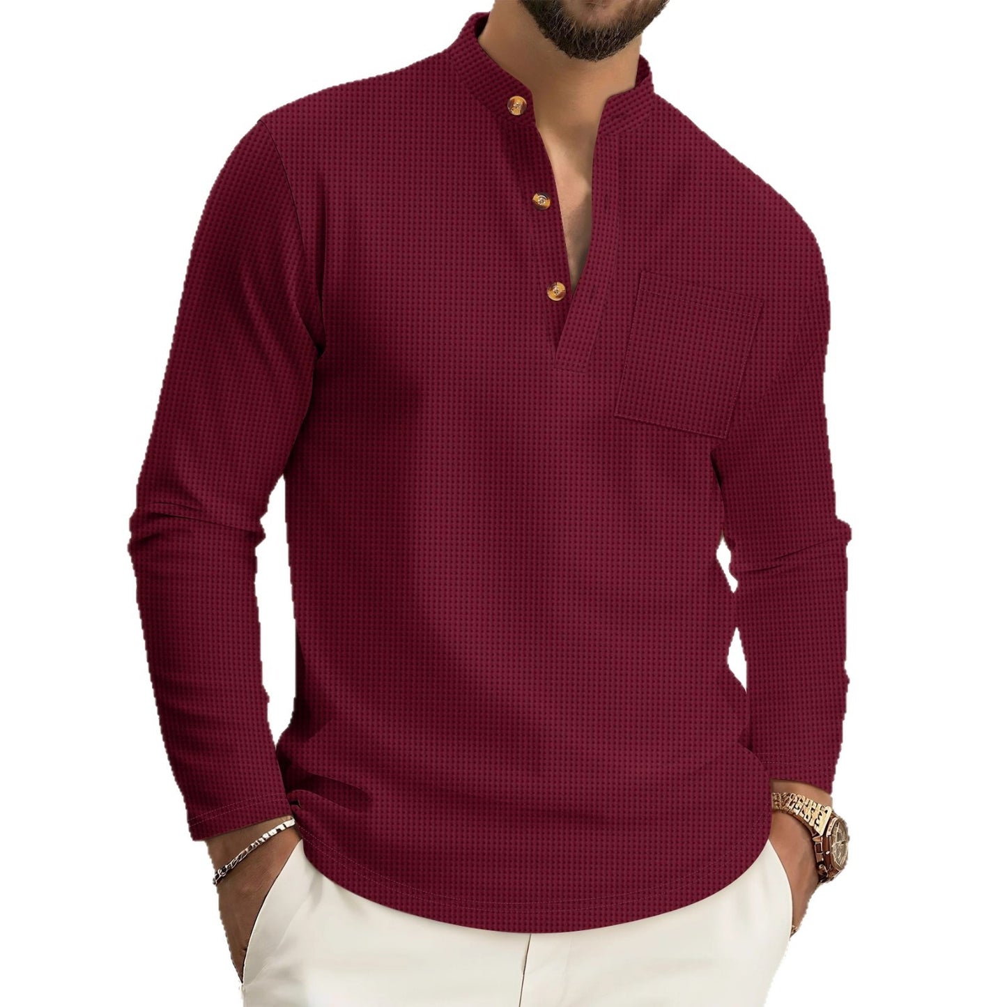Waffle-pattern Solid-color Stand-up Collar With Long Placket And Buttons Long Sleeves