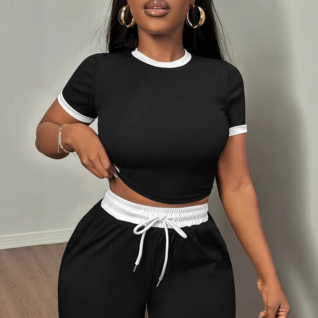 Womens Color-block Slim-fit Short-sleeve Top And Pants Two-piece Set