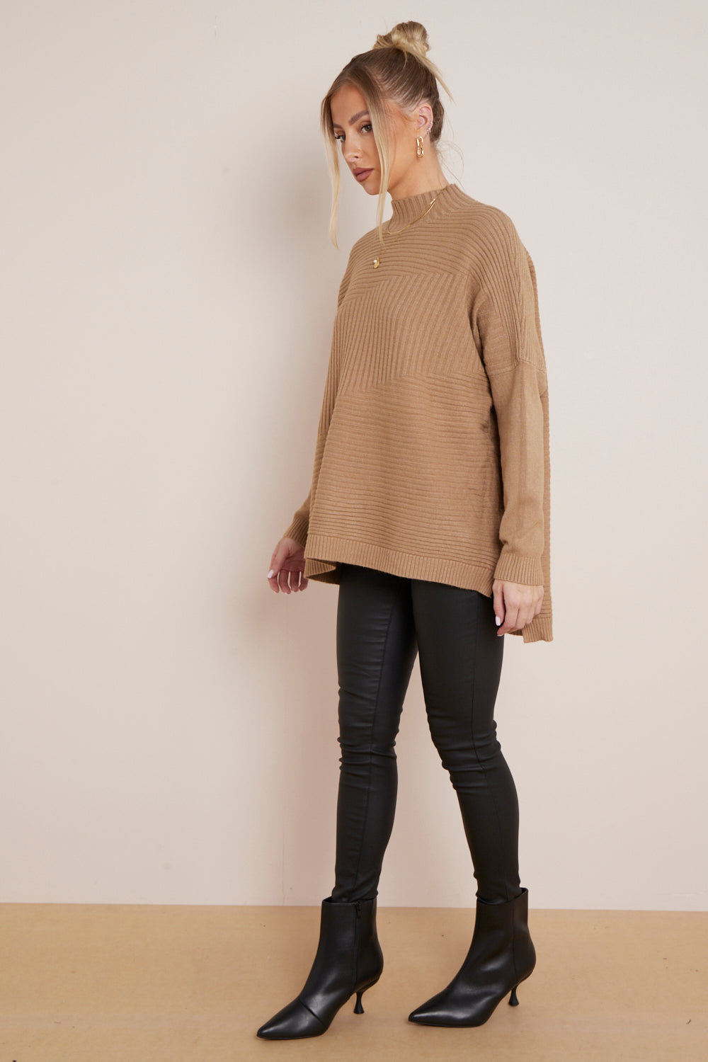 Camel High Neck Ribbed Jumper
