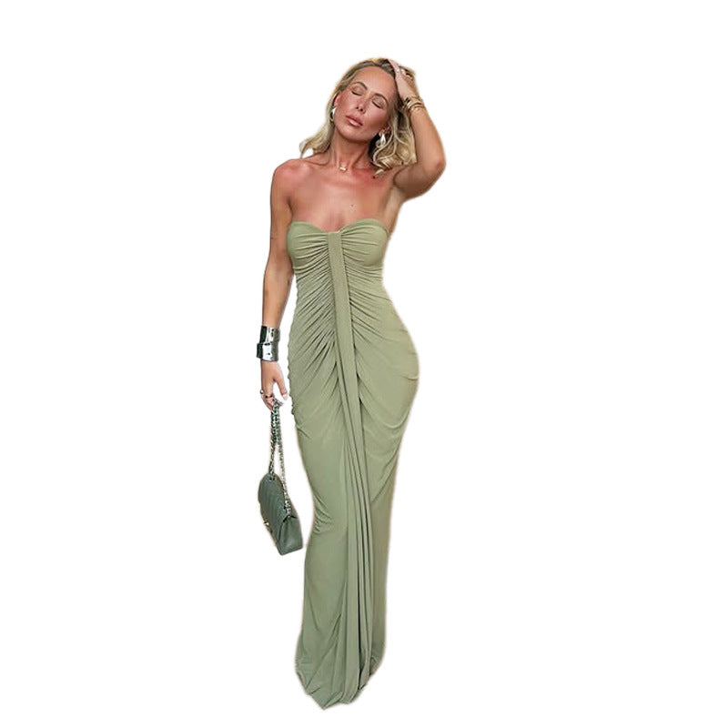 Ruched Design Elegant Slim-fit Solid Color Sexy Tube Dress