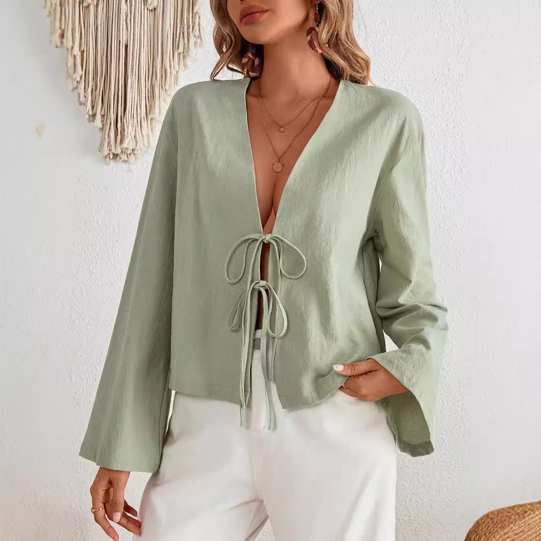 Womens Casual Loose V-Neck Hollowed Solid-Color Shirt