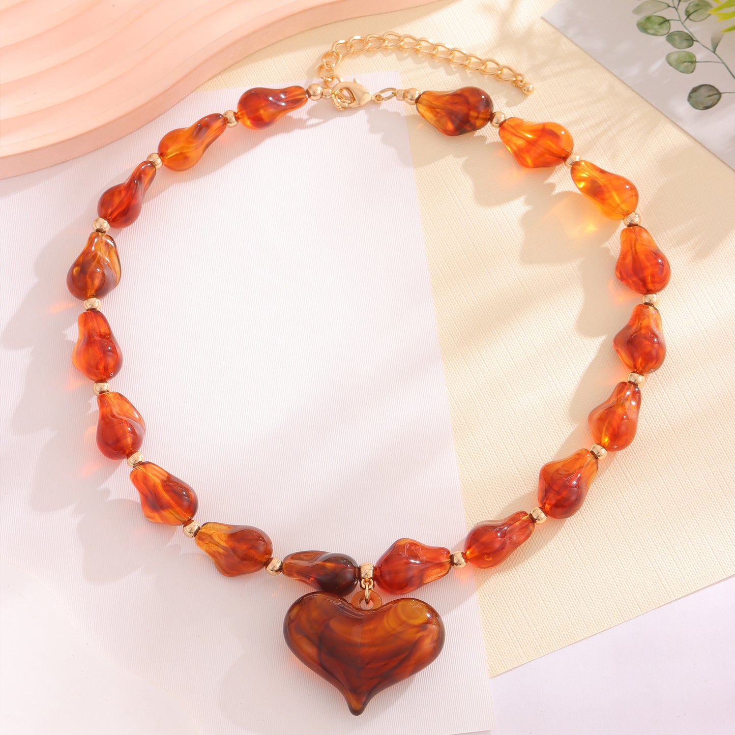 Diamond-shaped Acrylic Pendant Necklace With Large Resin Heart Design