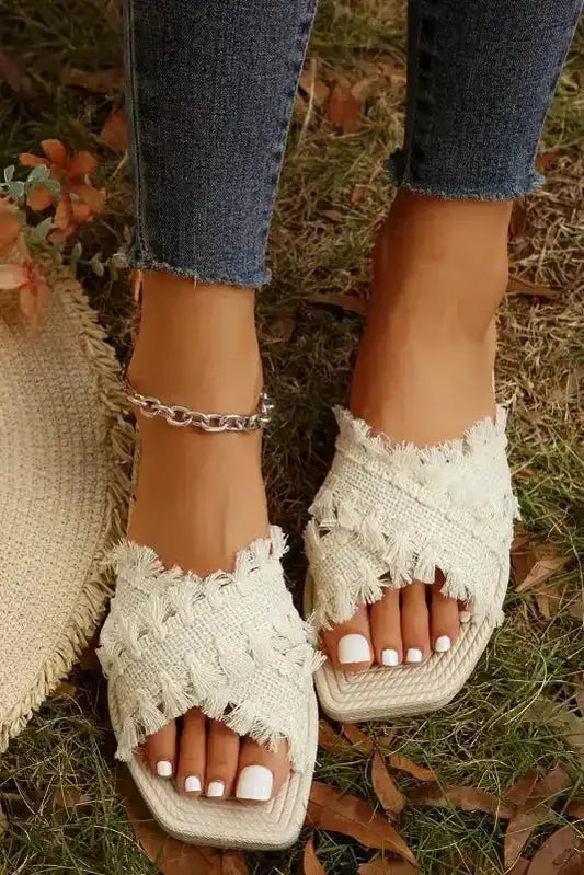 Beige Tassel Woven Crossed Straps Flat Slippers-0