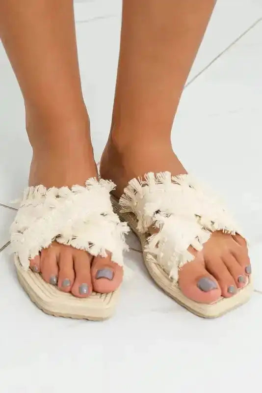 Beige Tassel Woven Crossed Straps Flat Slippers-4
