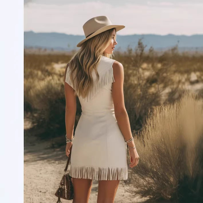V-neck Zip-front Tasseled Faux Suede Mini Dress