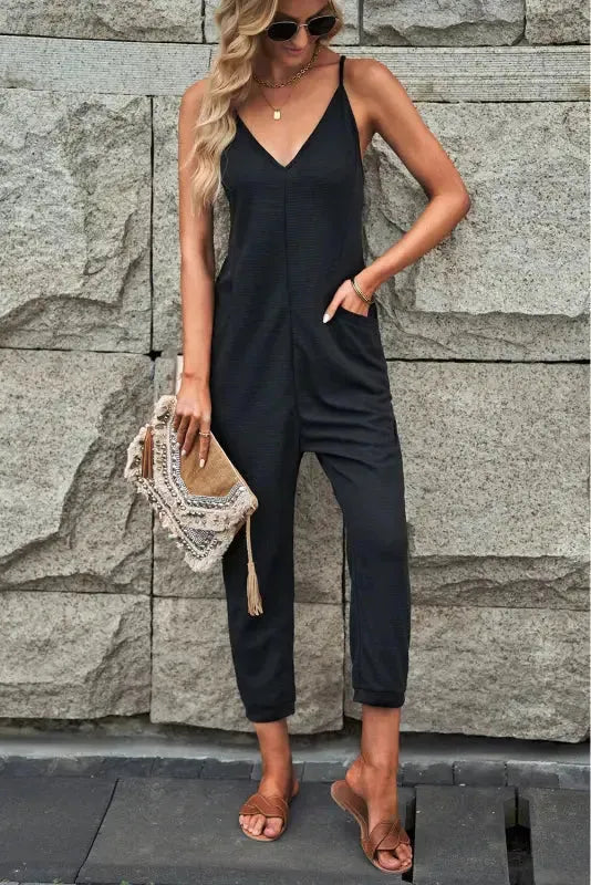 Black Textured Sleeveless V-Neck Pocketed Casual Jumpsuit-4