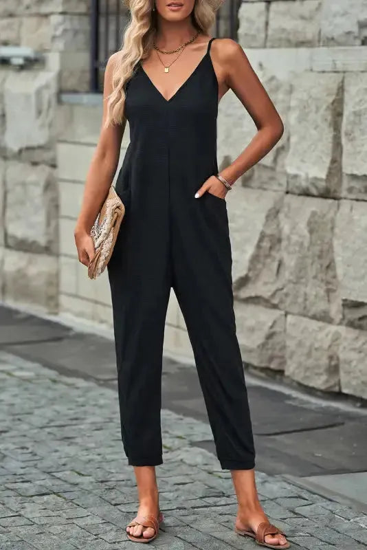 Black Textured Sleeveless V-Neck Pocketed Casual Jumpsuit-0