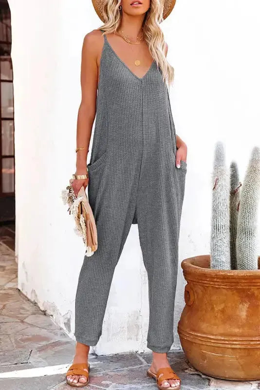 Black Textured Sleeveless V-Neck Pocketed Casual Jumpsuit-6