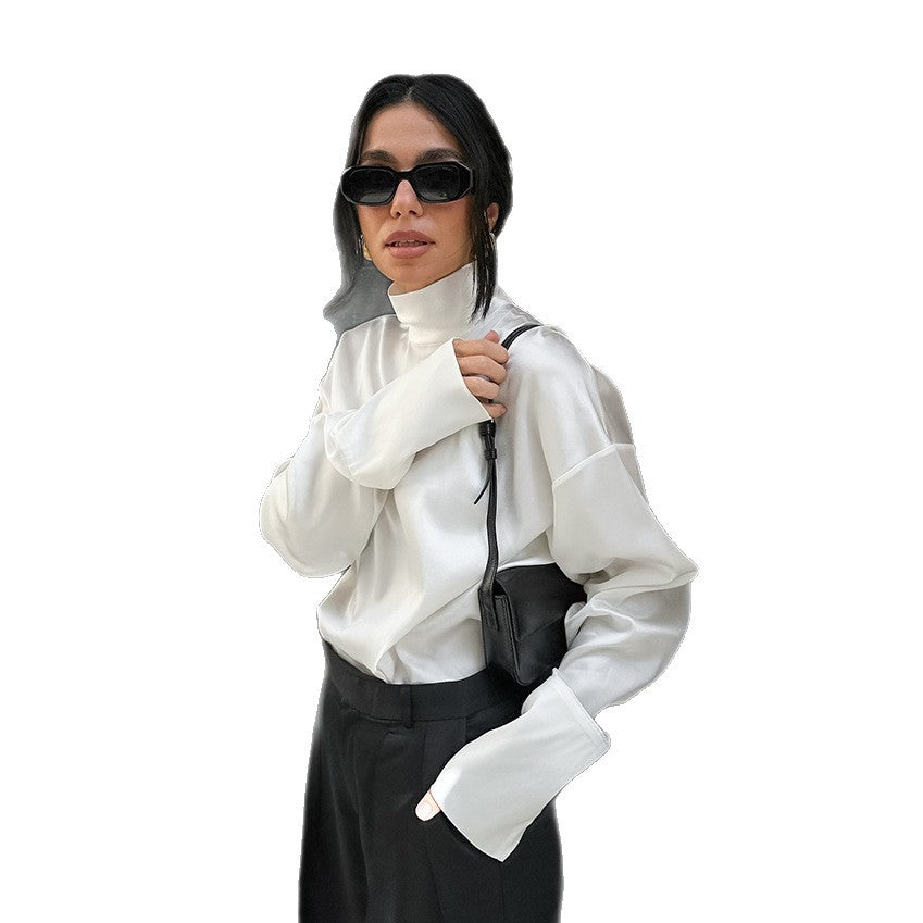 Women's Elegant High-neck White Workwear-style Relaxed-fit Long-sleeve Top