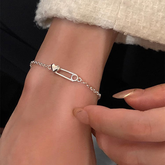 S925 Heart Shaped Paperclip Bracelet   Solid  Jewelry Piece