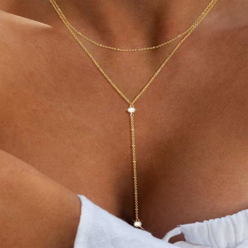 European And American Y Shaped Zircon Double Layer Necklace With A Niche Designer Inspired Look