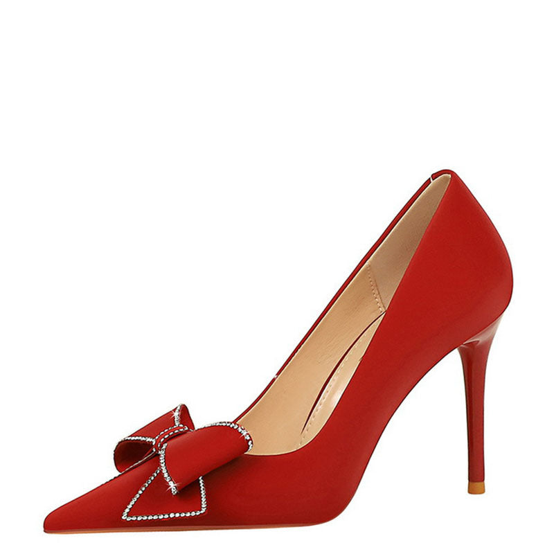 Rhinestone Bow Stiletto Heel Pumps Pointed High Heels