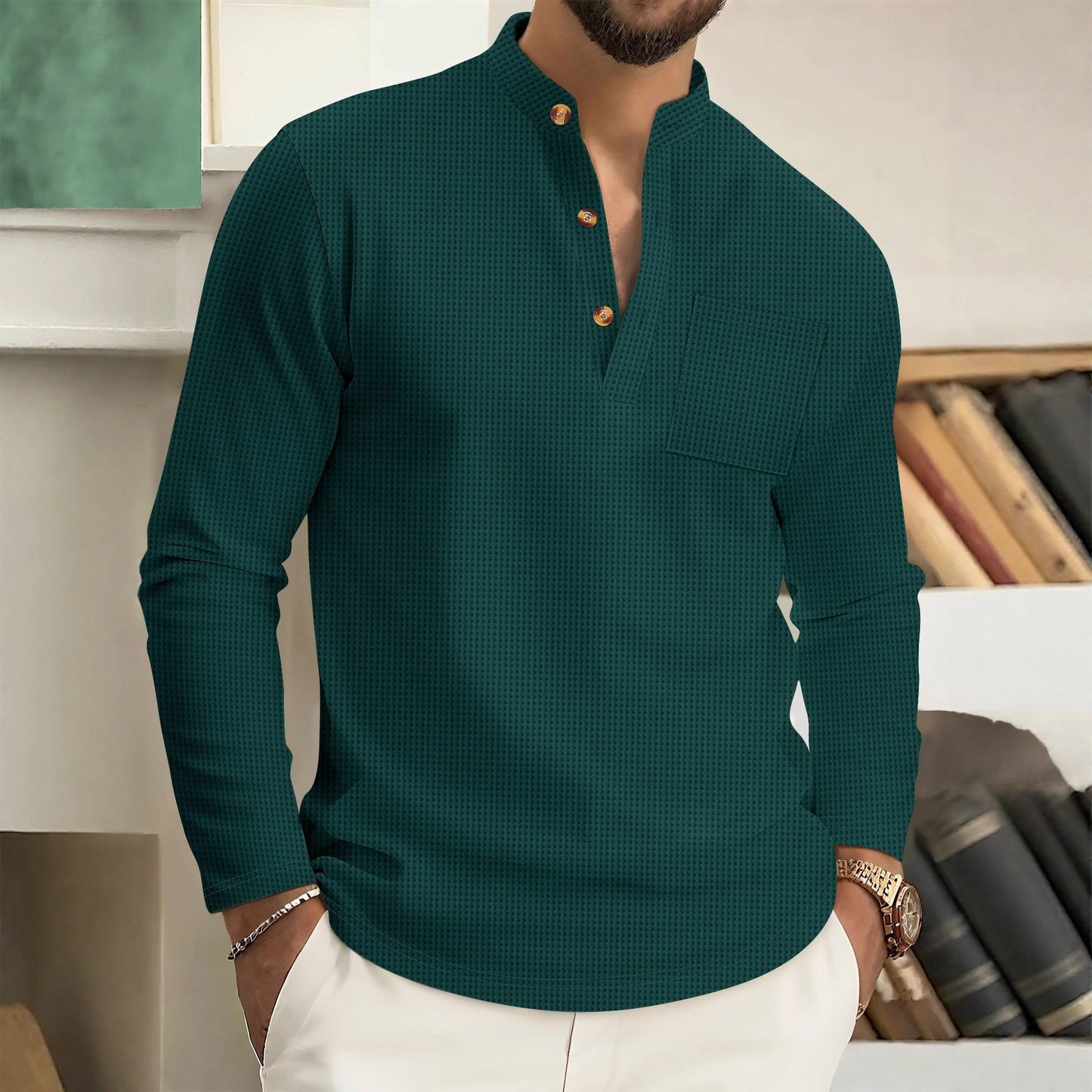 Waffle-pattern Solid-color Stand-up Collar With Long Placket And Buttons Long Sleeves