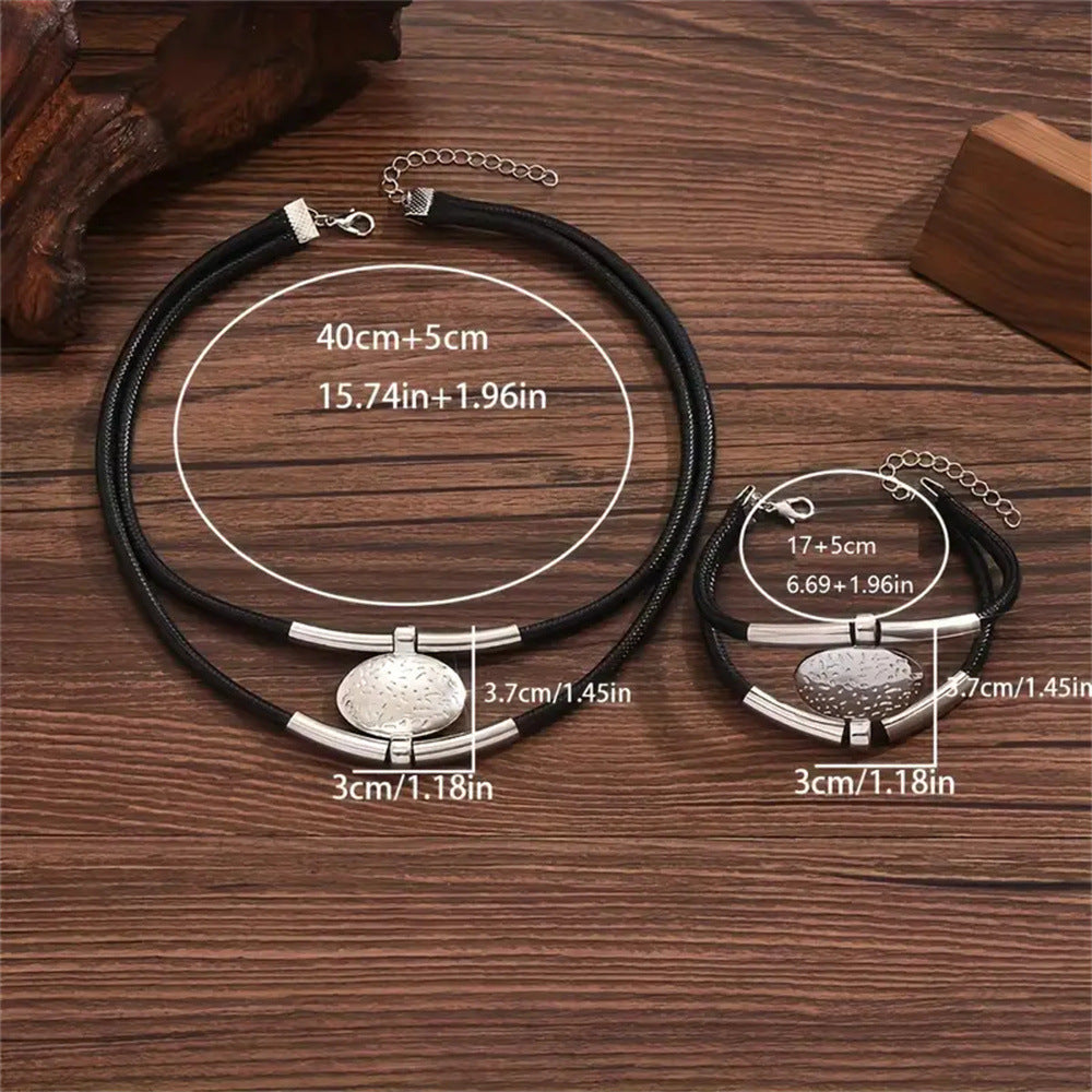Womens Retro-Style Silver Oval Pendant Necklace And Bracelet Set