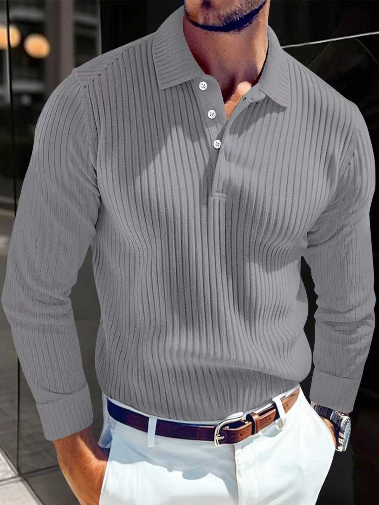 Men's T-shirt With A Turn-down Collar, Buttoned Long-sleeve Polo Shirt