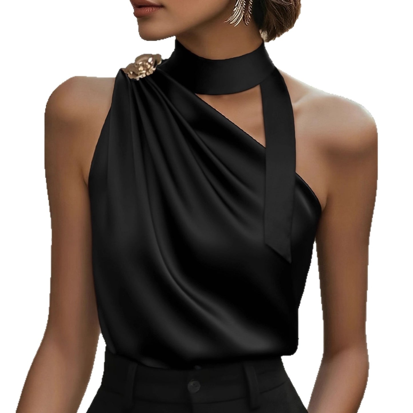 Womens Solid-Color Off-the-Shoulder High-Neck Sleeveless Fashionable All-Match Top