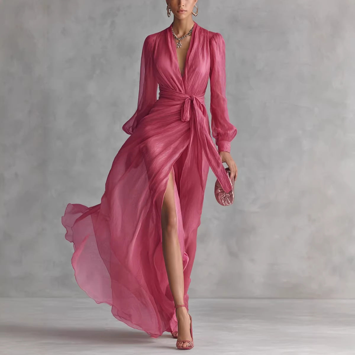Casual Court-Style V-Neck Lace-Up Puff-Sleeve Dress
