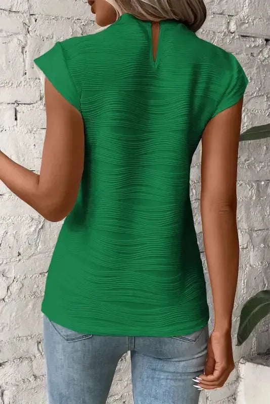 Dark Green Wavy Textured Mock Neck Cap Sleeve Top-1