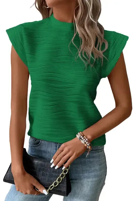 Dark Green Wavy Textured Mock Neck Cap Sleeve Top-3