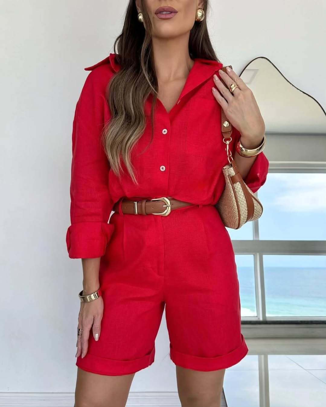 Casual Long-Sleeve Shirt And Shorts Womens Set