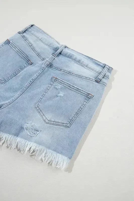 Distressed Ripped Denim Shorts - Raw Hem High Waist