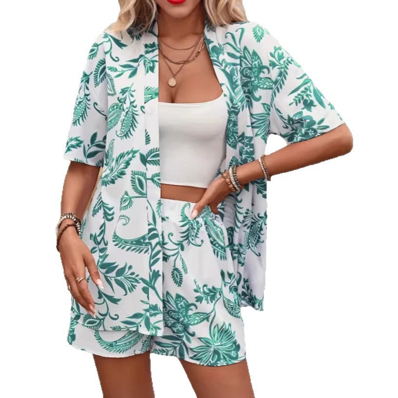 Summer New Arrival Printed Short Sleeve Cardigan And Shorts Two Piece Set