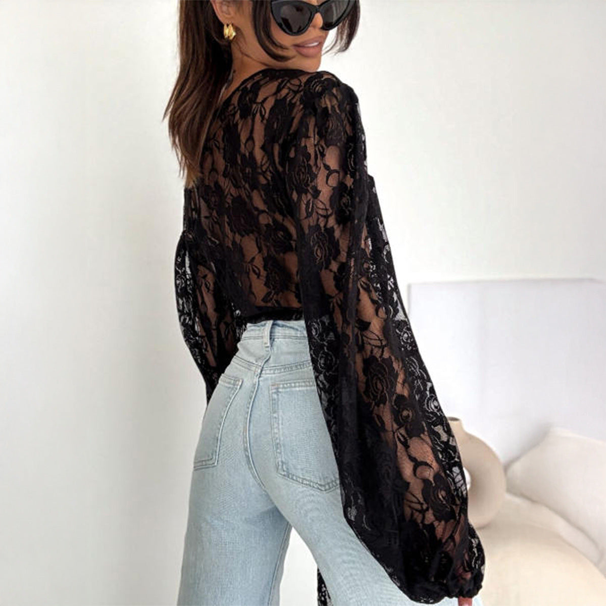 Girl Group Style Lace Long-Sleeve Top T-Shirt Womens