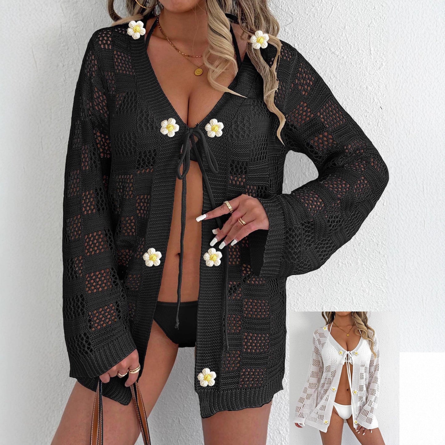 Ladies Cardigan Women's Sweater Machine-knitted Hollow Long-sleeve Sun Protection Bikini Cover-up Tie Beach Jacket