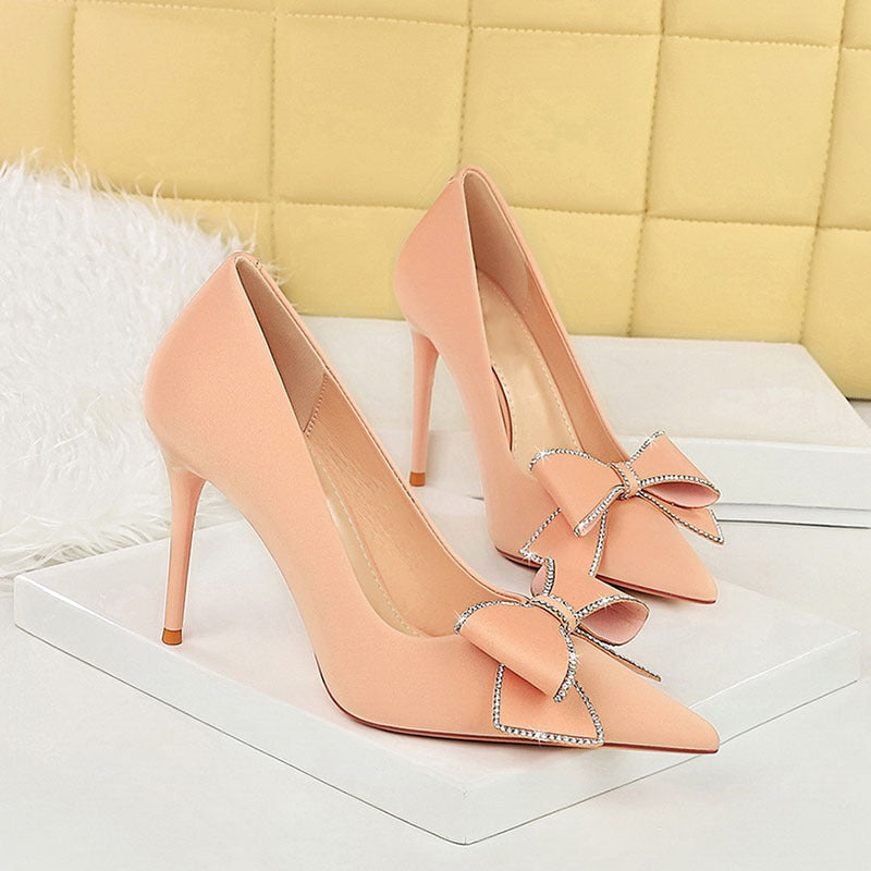 Rhinestone Bow Stiletto Heel Pumps Pointed High Heels