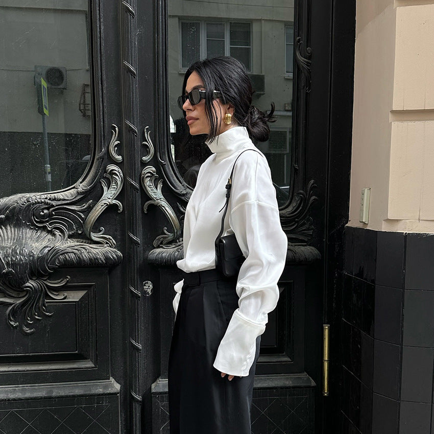 Women's Elegant High-neck White Workwear-style Relaxed-fit Long-sleeve Top