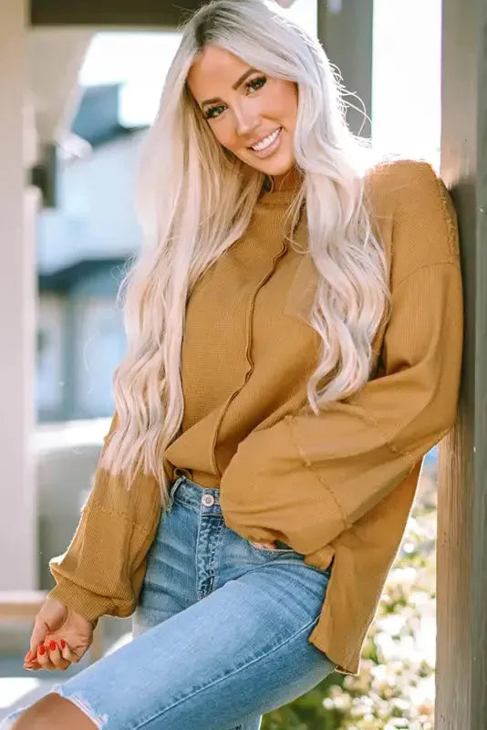 Exposed Seam Waffle Knit Top - Bubble Sleeve-3