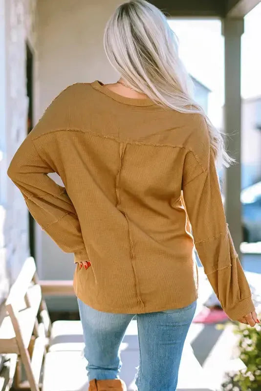 Exposed Seam Waffle Knit Top - Bubble Sleeve-1