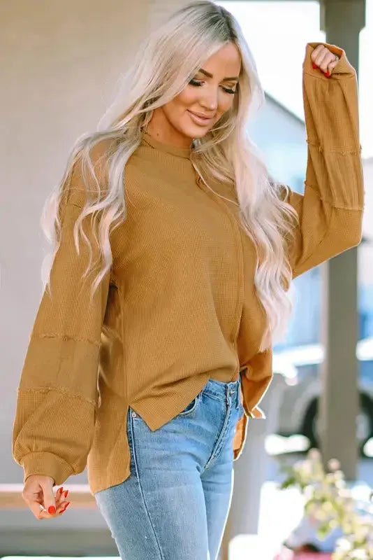 Exposed Seam Waffle Knit Top - Bubble Sleeve-2
