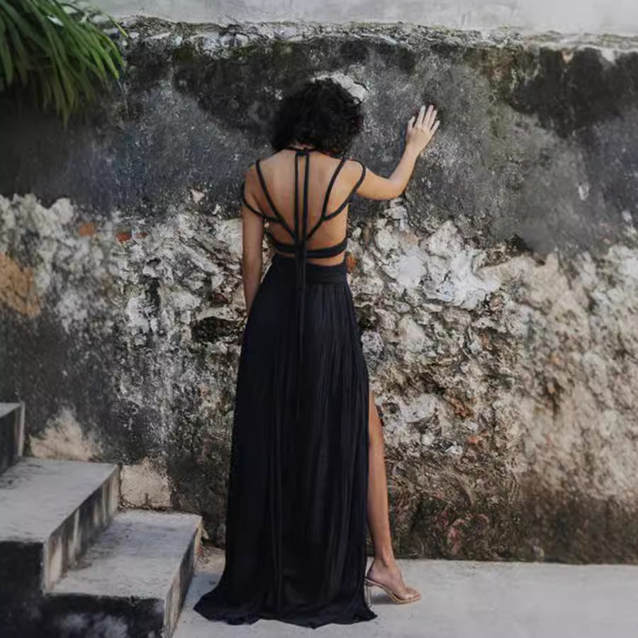 Womens Lace-Up Elastic Split Skirt Loose Vacation Two-Piece Set