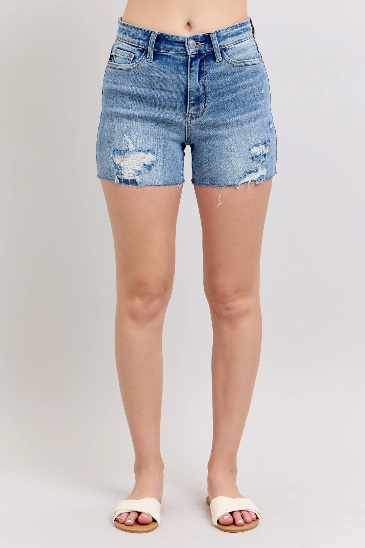 Judy Blue Full Size High Waist Denim Shorts W/stitch Over Destroy Detail Plus Size-1