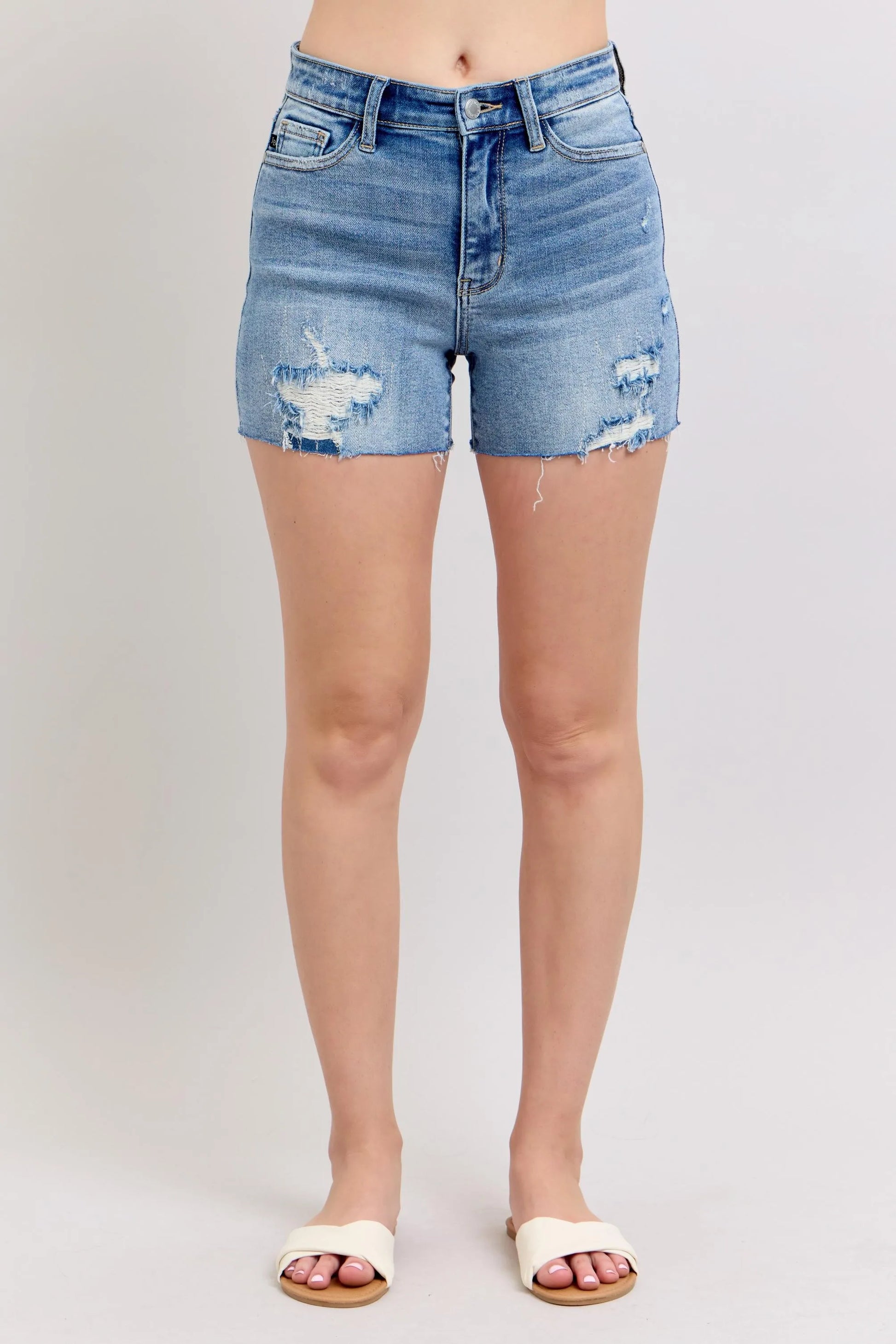 Judy Blue Full Size High Waist Denim Shorts W/stitch Over Destroy Detail Plus Size-1