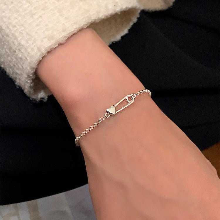 S925 Heart Shaped Paperclip Bracelet   Solid  Jewelry Piece