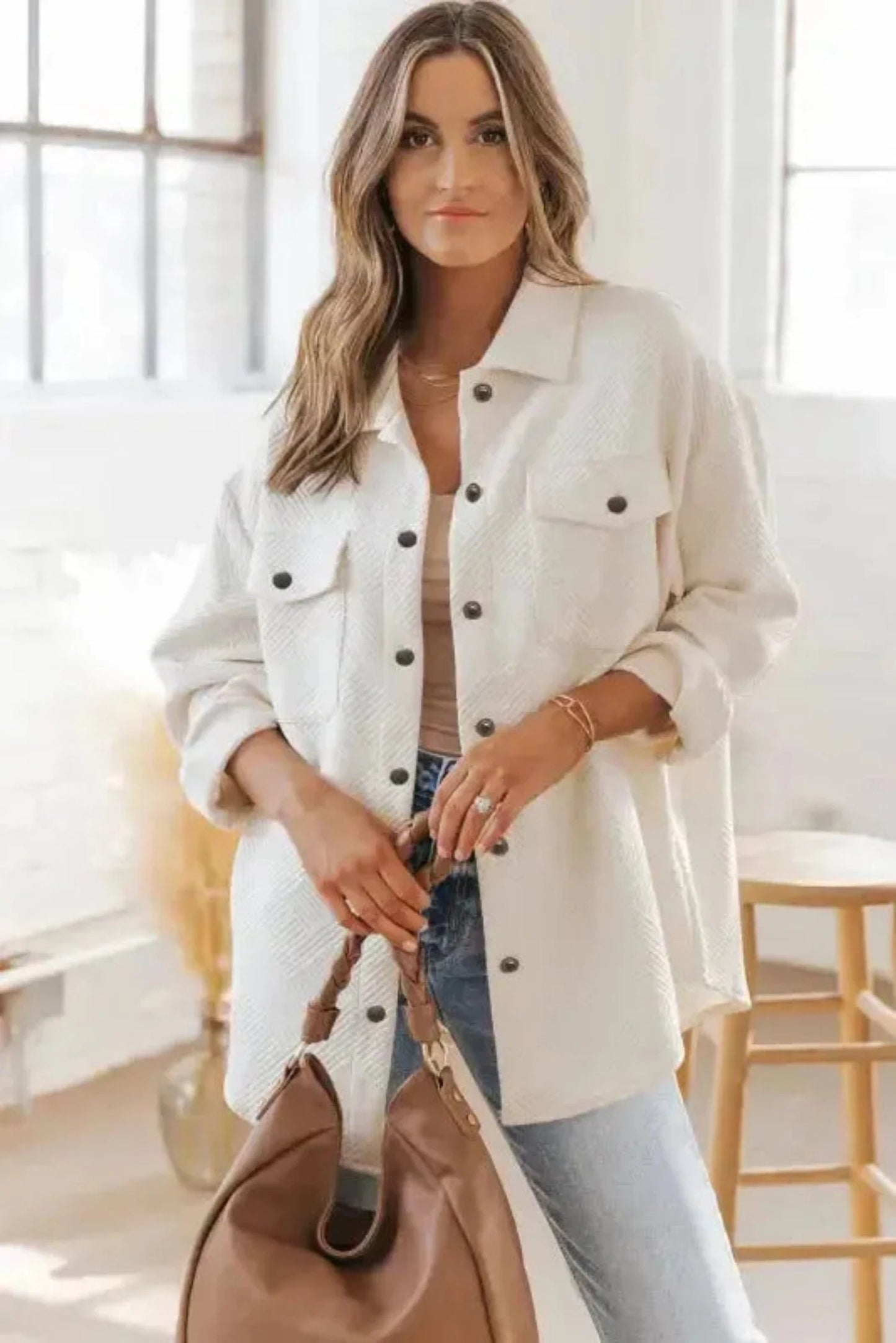 Beige Textured Shacket with Flap Pockets-2