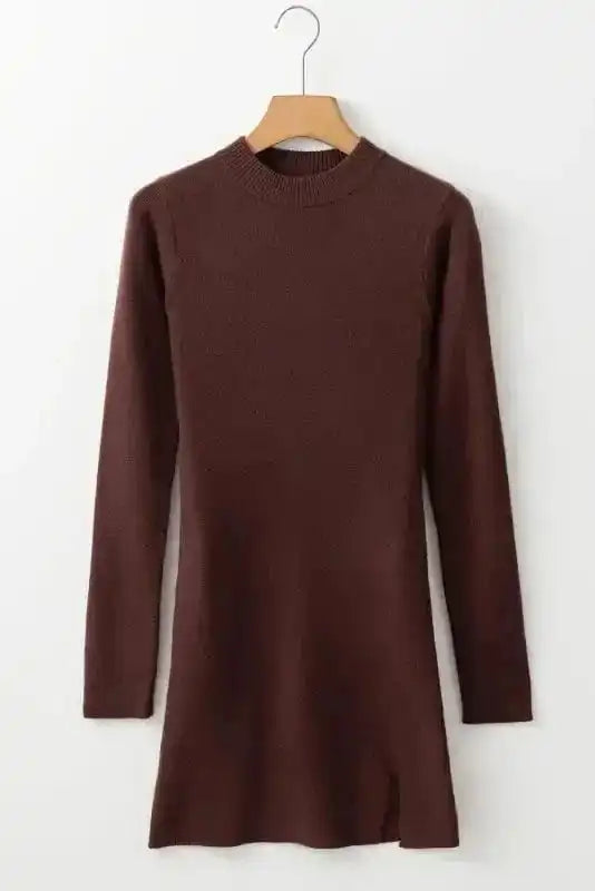 Slim Fit Jumper Dress - Coffee Mock Neck Side Slit