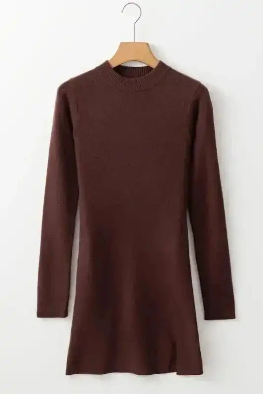 Slim Fit Jumper Dress - Coffee Mock Neck Side Slit