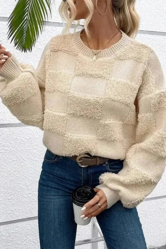 Checkered Sherpa Loose Sweater-4