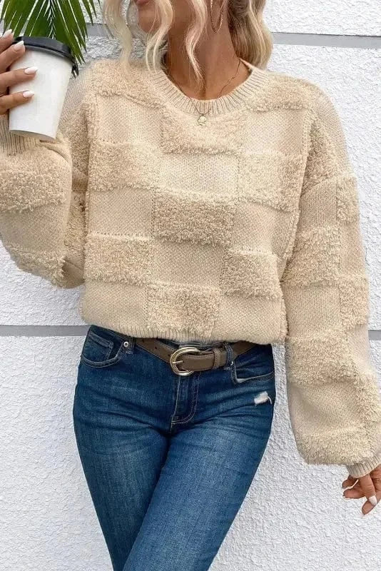 Checkered Sherpa Loose Sweater-3