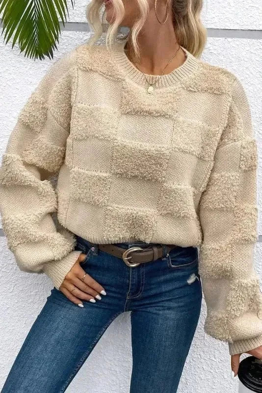 Checkered Sherpa Loose Sweater-2