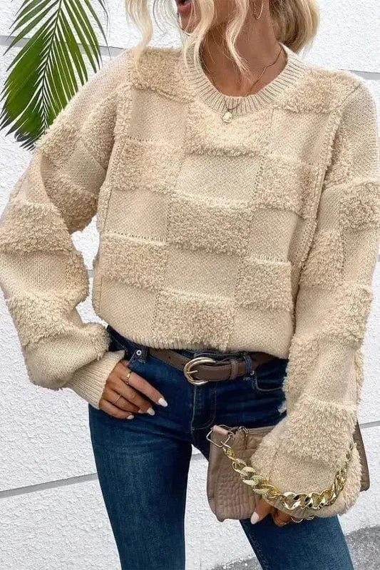 Checkered Sherpa Loose Sweater-0