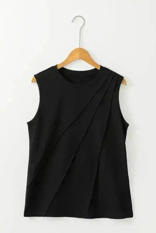 Black Crew Neck Pleated Tank Top-4