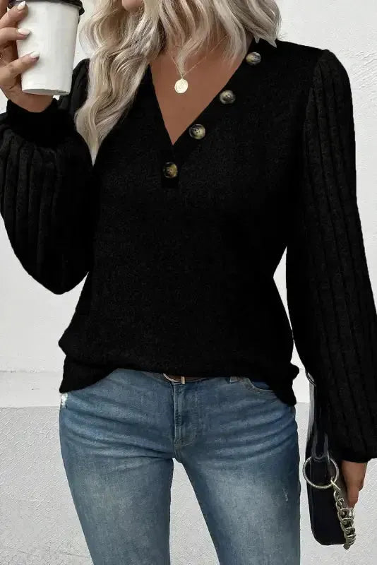 Gray Ribbed Splicing Sleeve Round Neck T-shirt-7