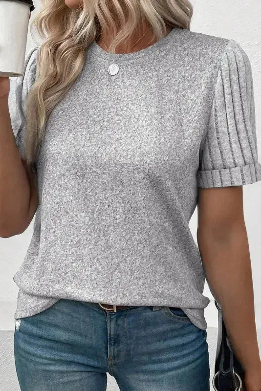 Gray Ribbed Splicing Sleeve Round Neck T-shirt-0
