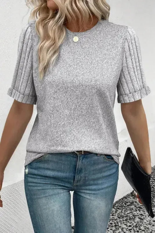 Gray Ribbed Splicing Sleeve Round Neck T-shirt-3
