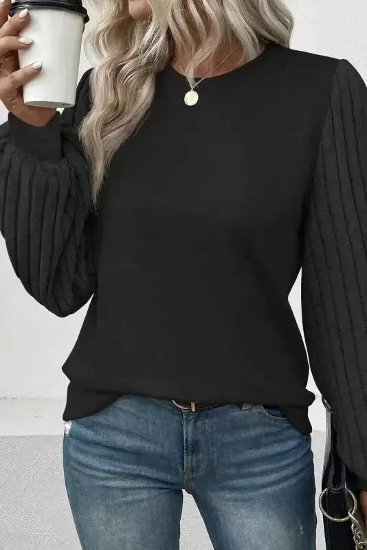 Gray Ribbed Splicing Sleeve Round Neck T-shirt-5