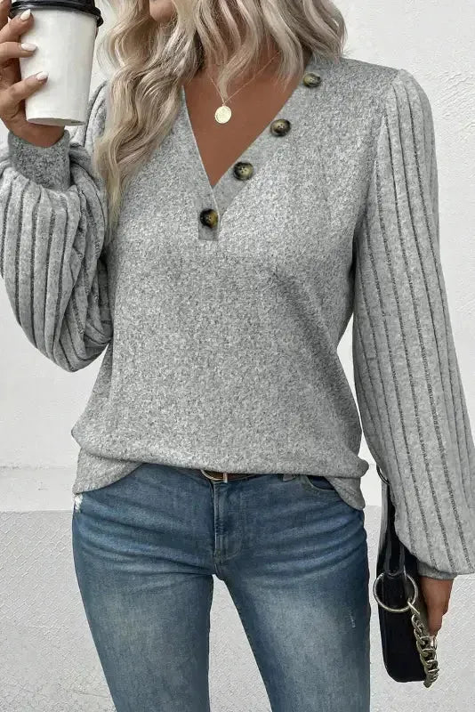 Gray Ribbed Splicing Sleeve Round Neck T-shirt-6